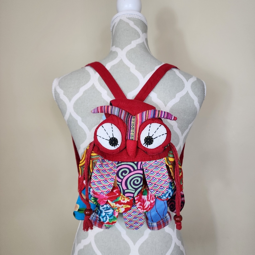 ​Handmade Patchwork Owl Mini Backpack Drawstring Boho Kidcore Red OS - Picture 2 of 9